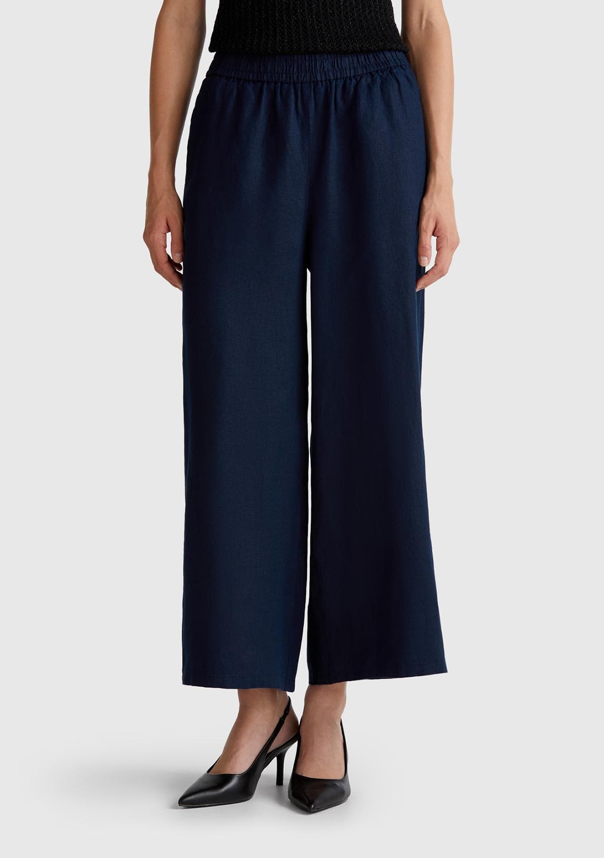 Kadın Lacivert %100 Keten Beli Lastikli Bol Kısa Paça Pantolon