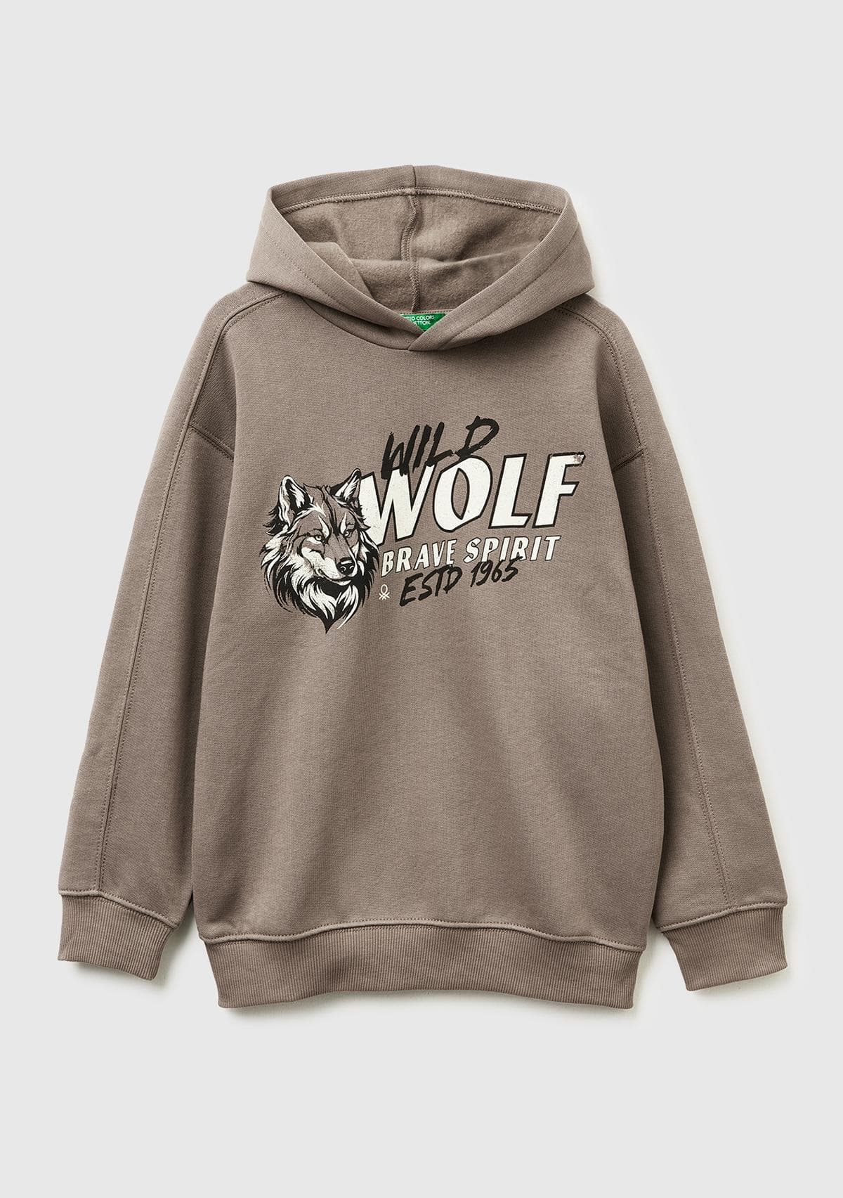Erkek Çocuk Haki Kahve Önü Baskılı Düşük Omuzlu Kapüşonlu Sweatshirt