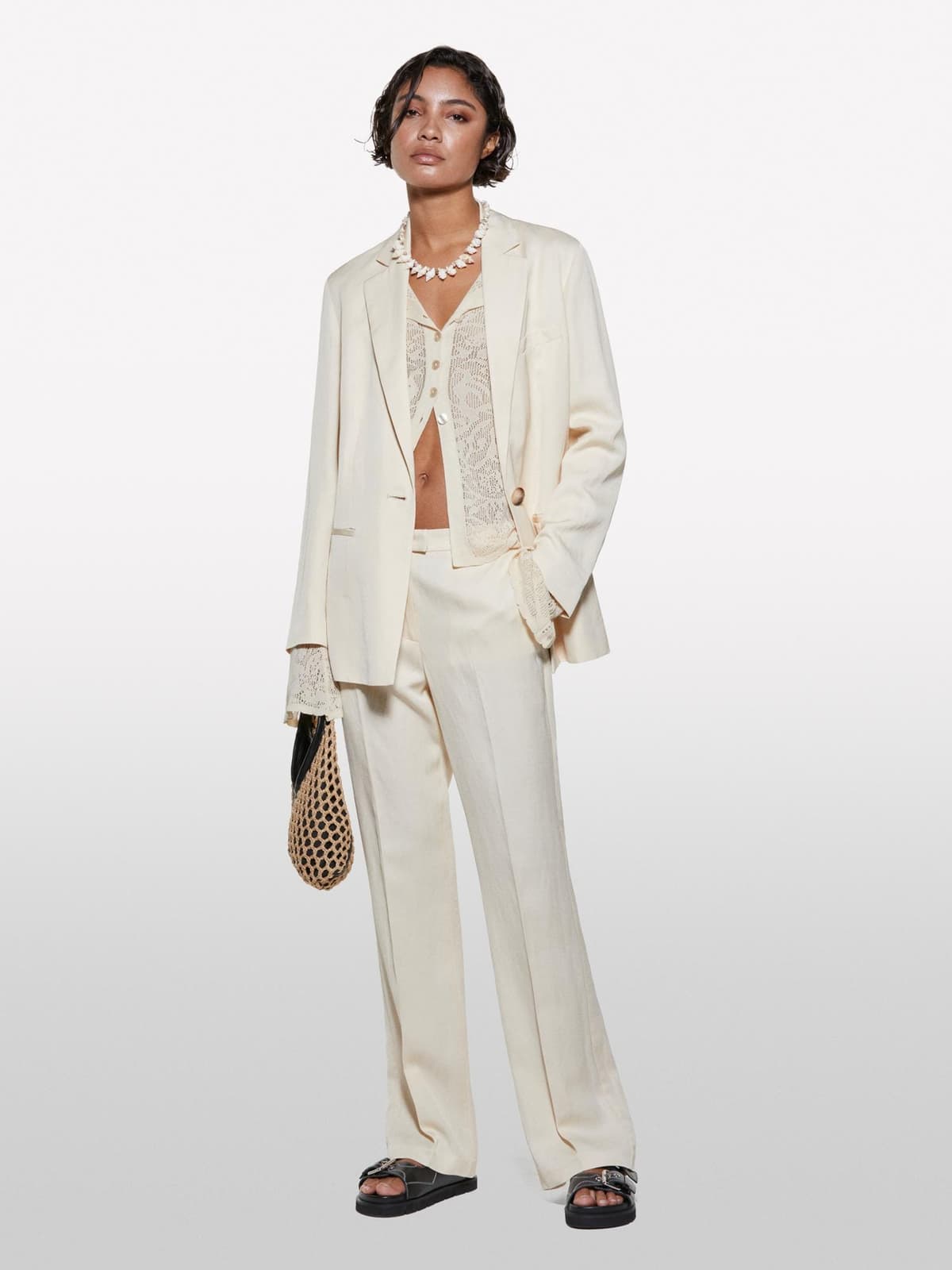 Kadın Şampanya Keten Karışımlı Normal Bel Straight Fit Pantolon
