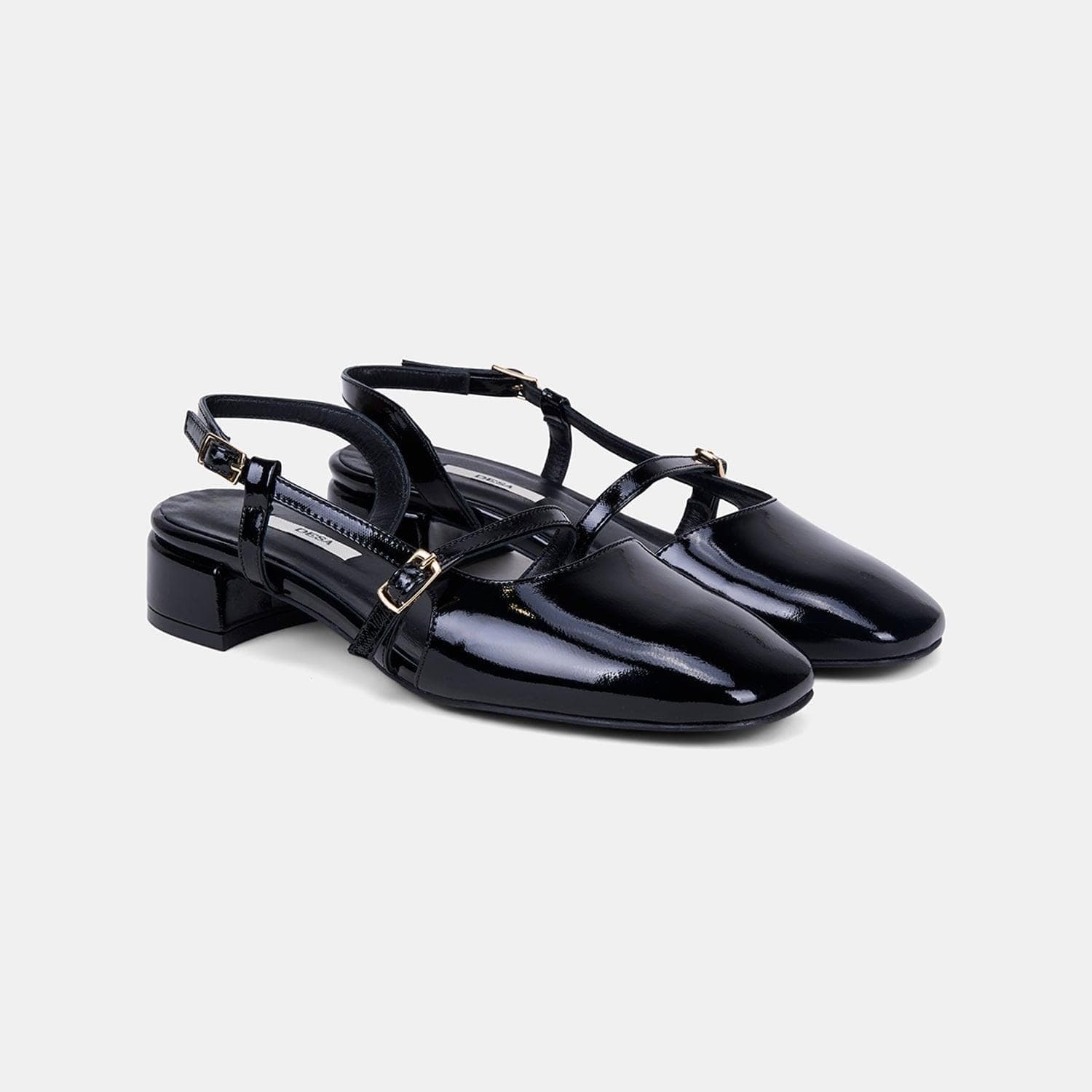 Kadın Siyah İnce Bantlı Slingback Kısa Topuklu Rugan Deri Ayakkabı