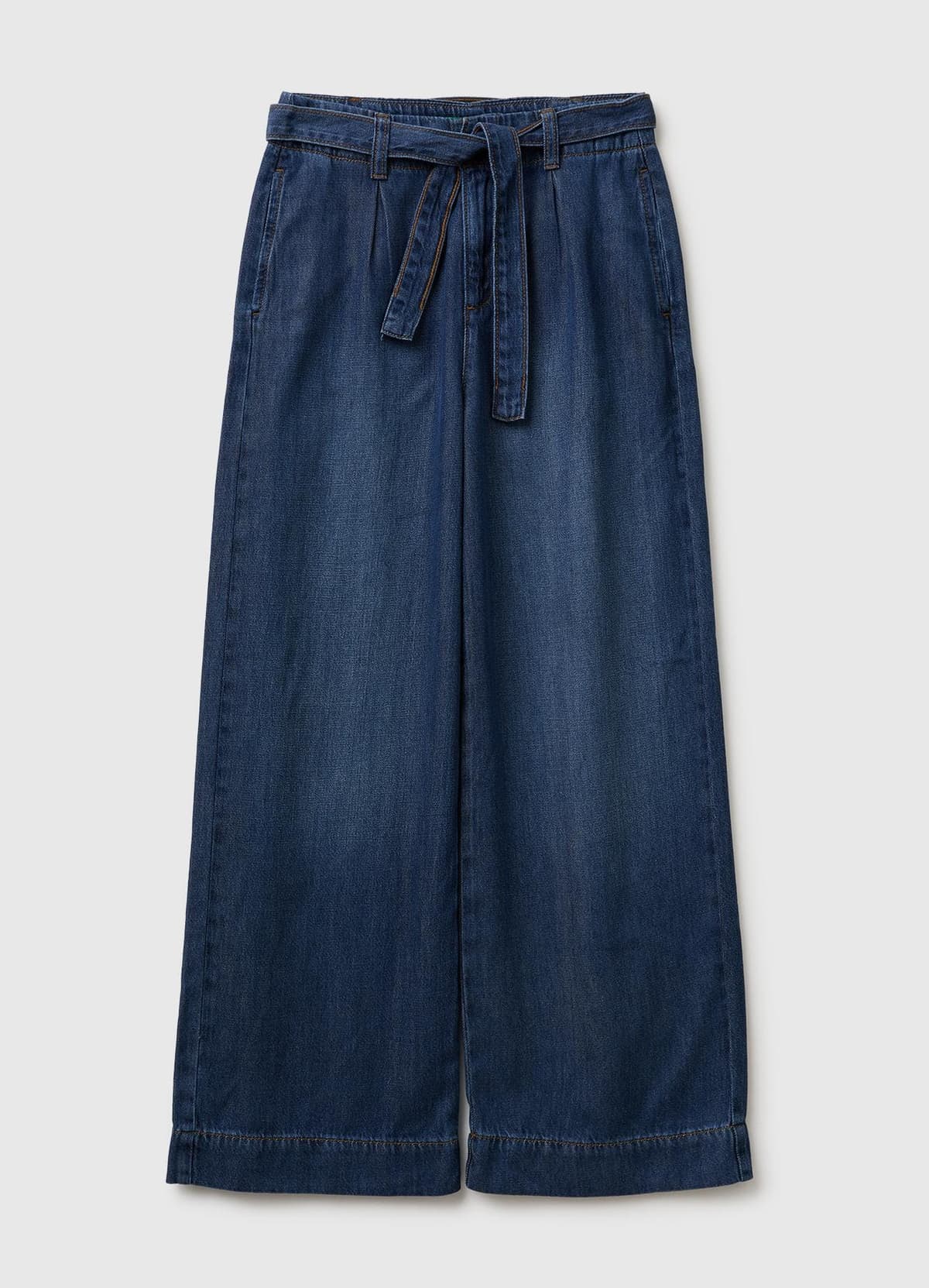 Kız Çocuk Koyu Denim Bol Paça Denim Kemerli Pantolon