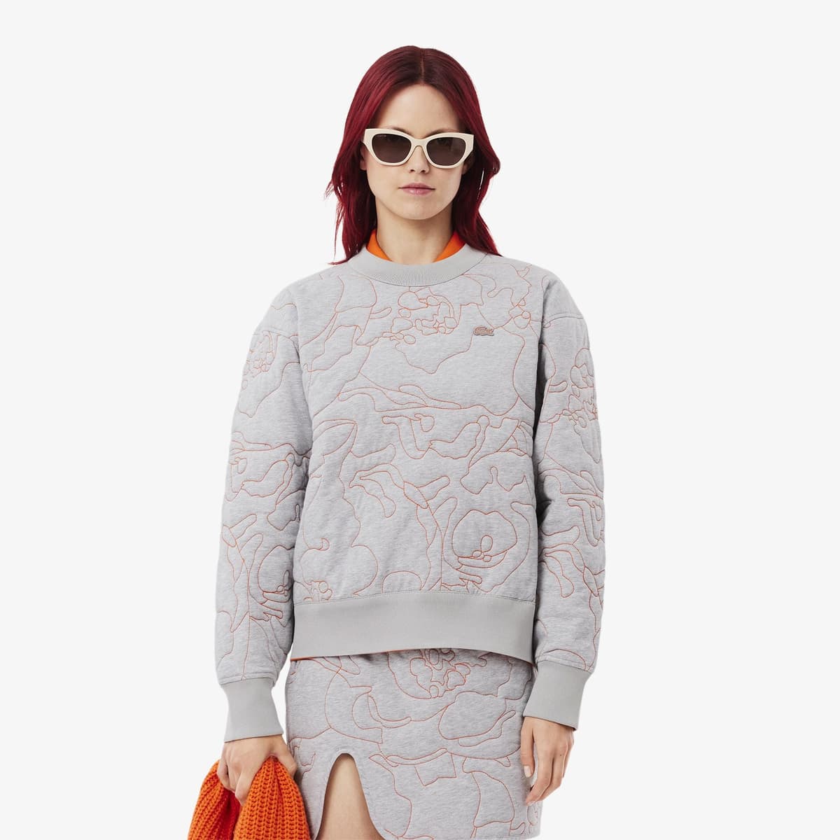Kadın Oversize Fit Bisiklet Yaka Çift Taraflı Desenli Gri Sweatshirt