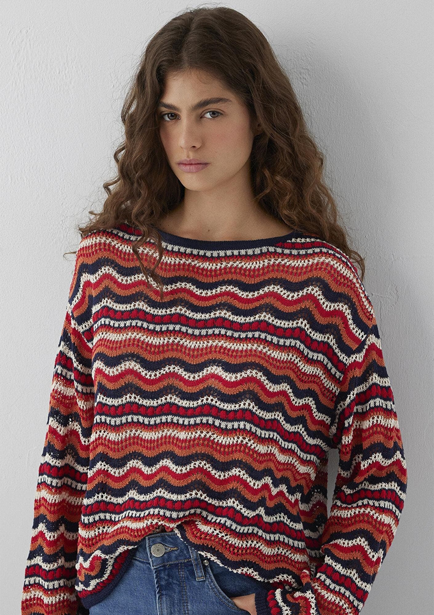 Mavi Turuncu Jakarlı Kazak Loose Fit / Bol Rahat Kesim 1710972-91010