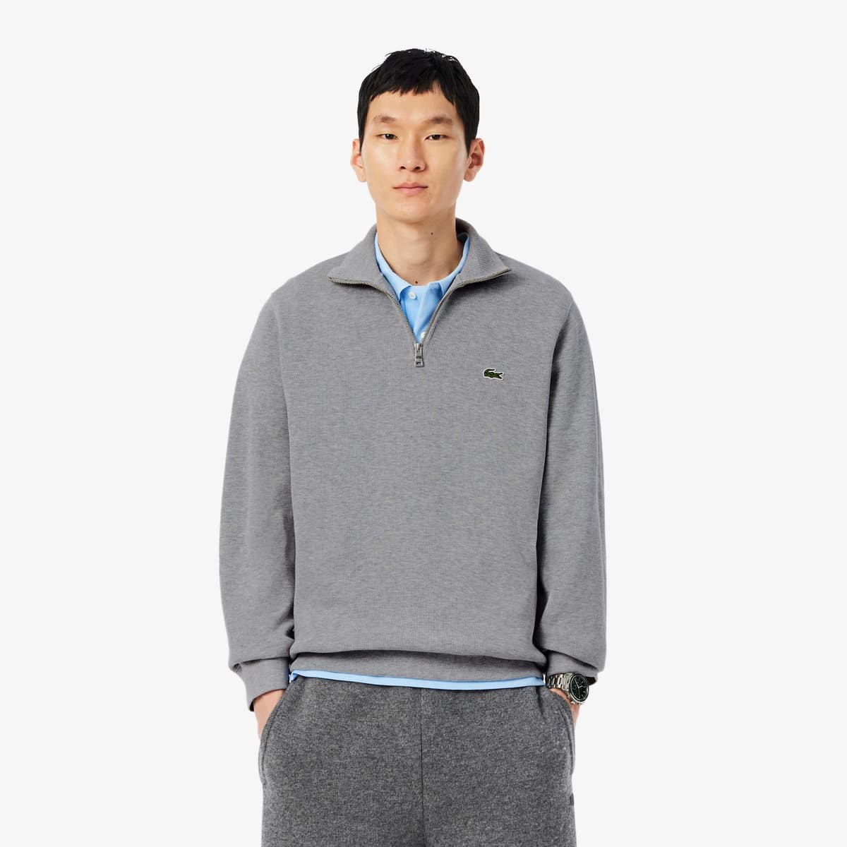 Erkek Classic Fit Yarım Fermuarlı Beyaz Sweatshirt