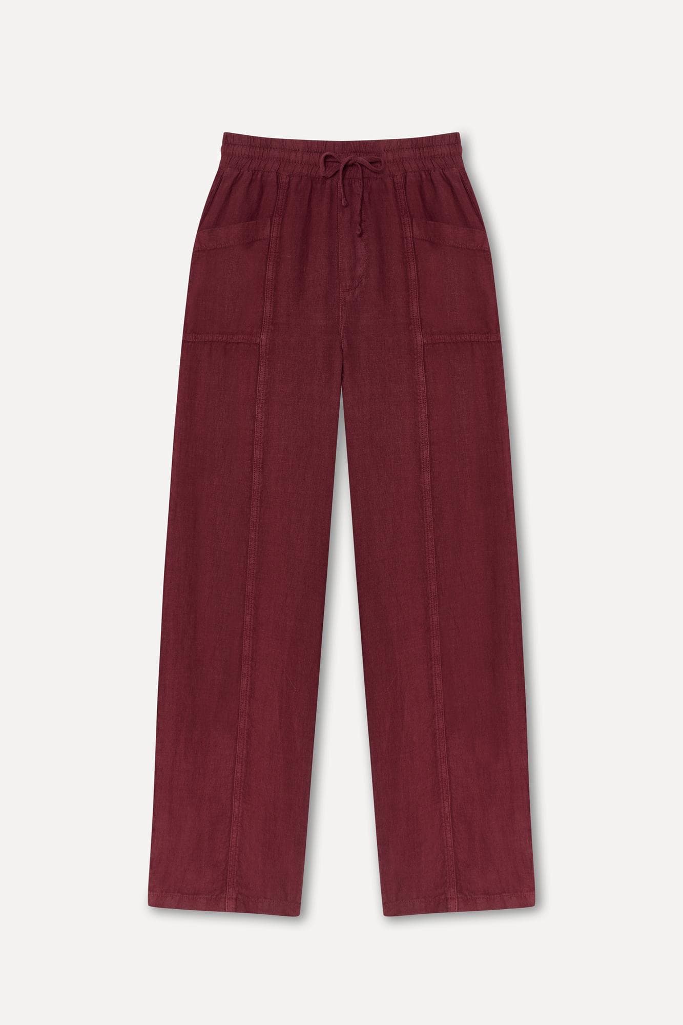 Kadın Bordo Straight Fit Dikişli Keten Pantolon