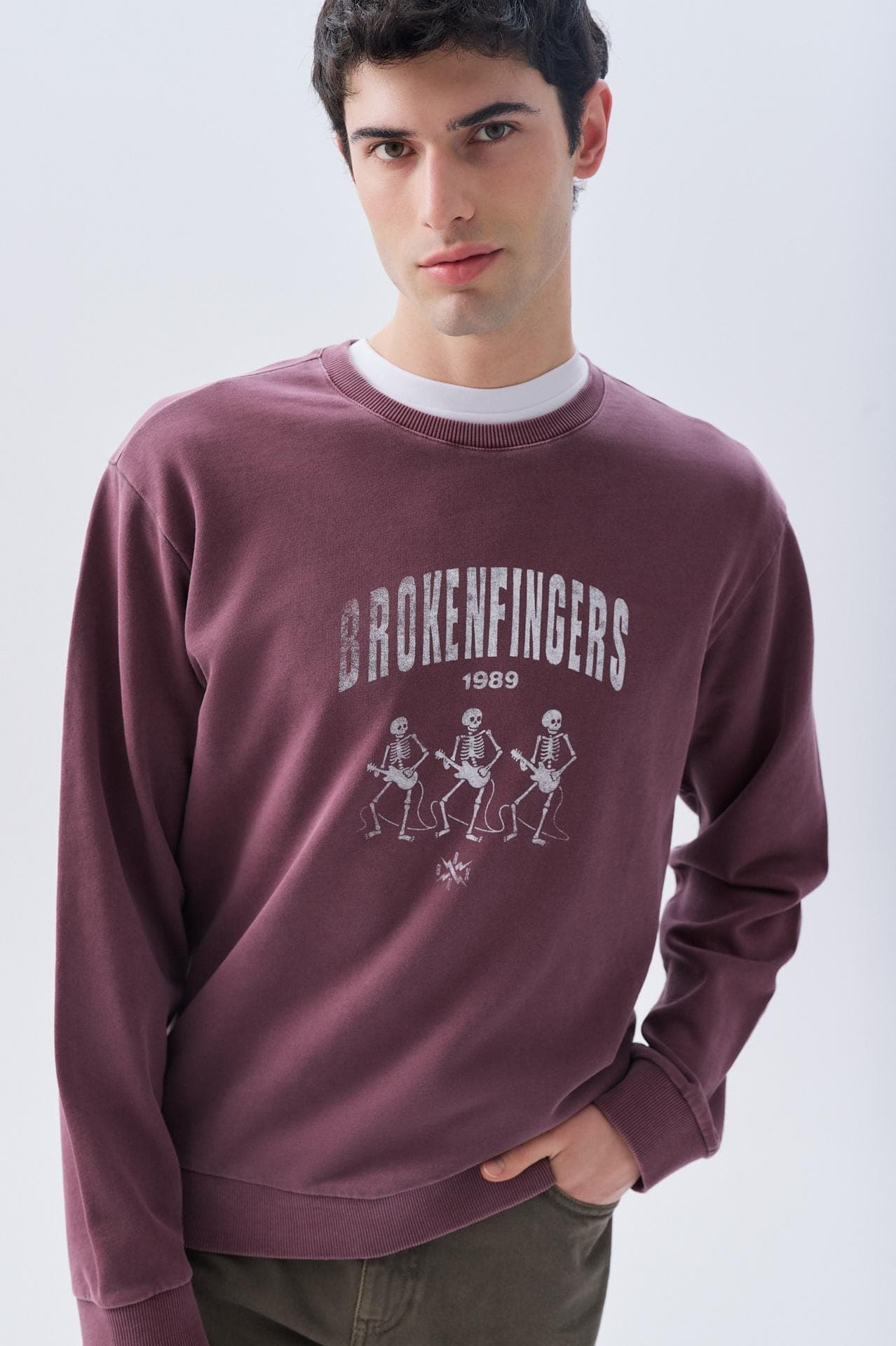 Erkek Kahverengi Baskılı Comfort Fit Bisiklet Yaka Sweatshirt