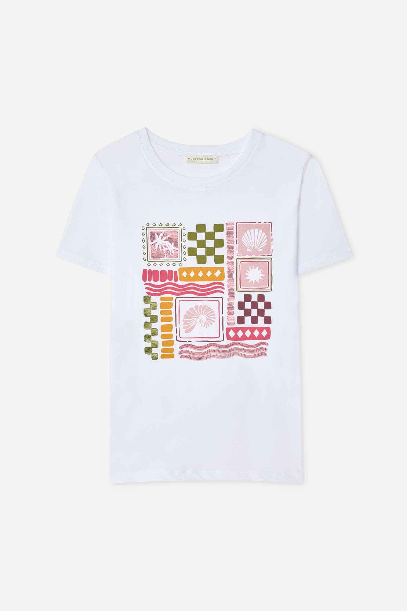 Kadın Beyaz Baskılı Bisiklet Yaka T-Shirt