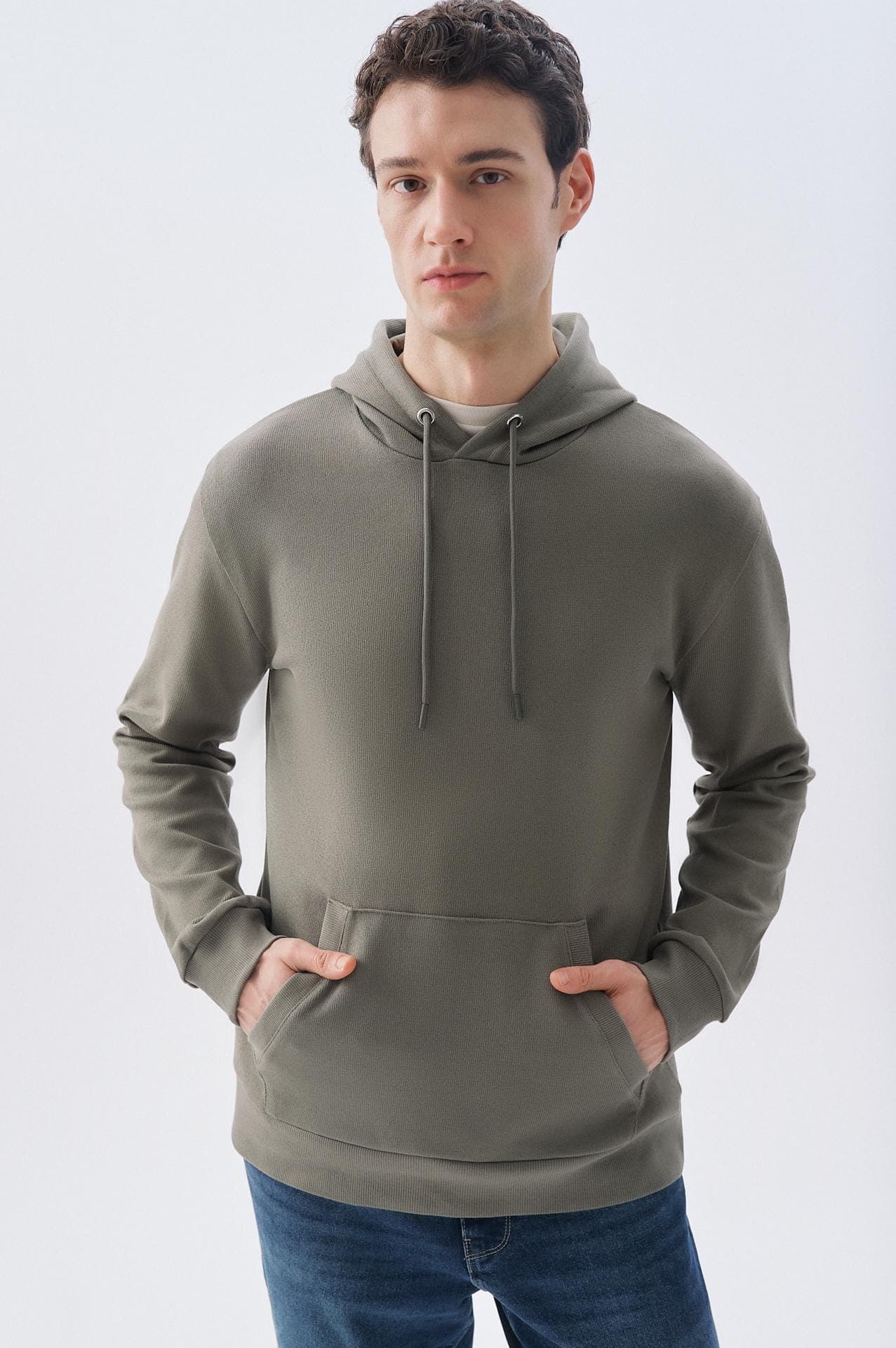Erkek Haki Comfort Fit Kapüşonlu Sweatshirt