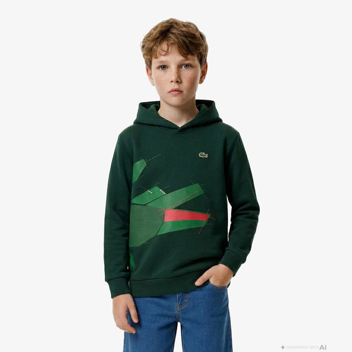 Çocuk Kapüşonlu Baskılı Koyu Yeşil Sweatshirt