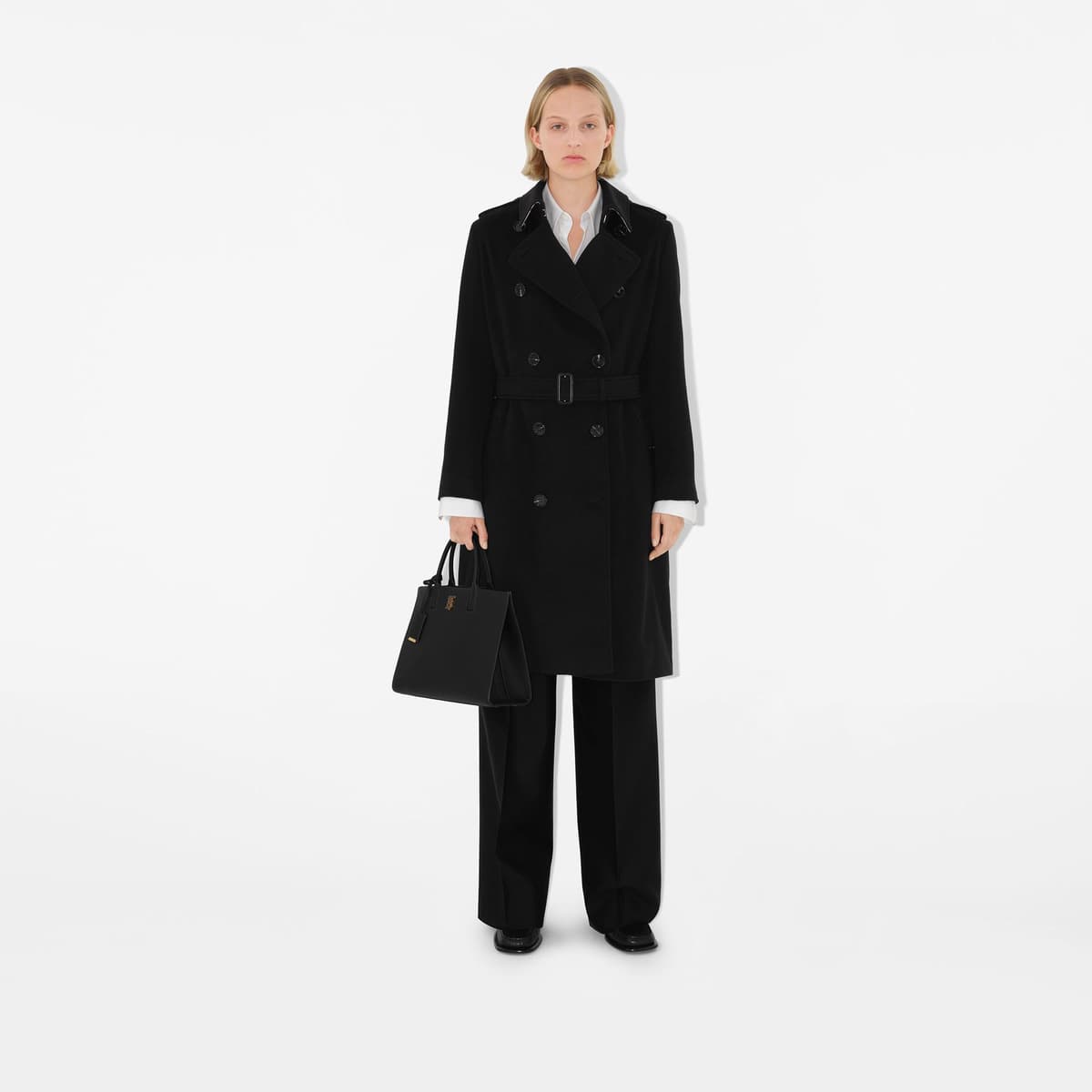 Burberry Long Kaşmir Karışımlı Kensington Trench Kadın Siyah Trençkot