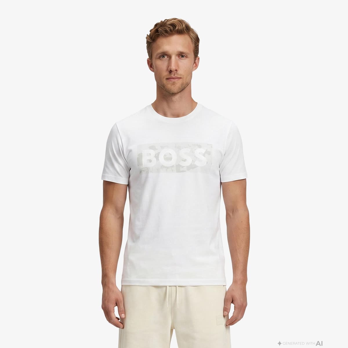 Boss Globe Logo Pattern Erkek Beyaz T-Shirt