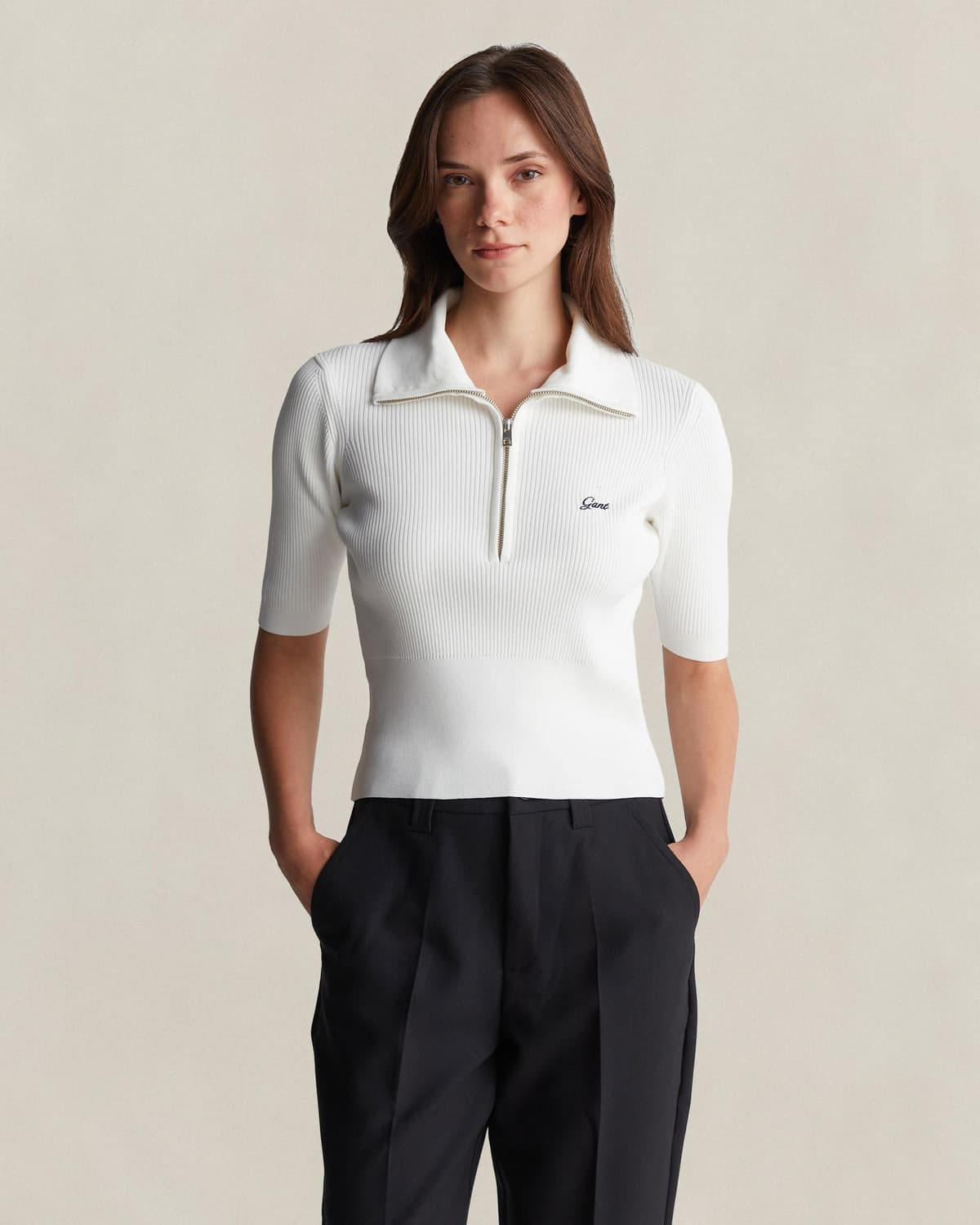 GANT Kadın Beyaz Slim Fit Yarım Kollu Triko