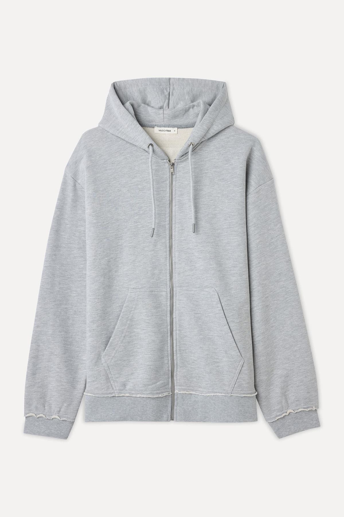 Erkek Gri Melanj Loose Fit Kapüşonlu Sweatshirt