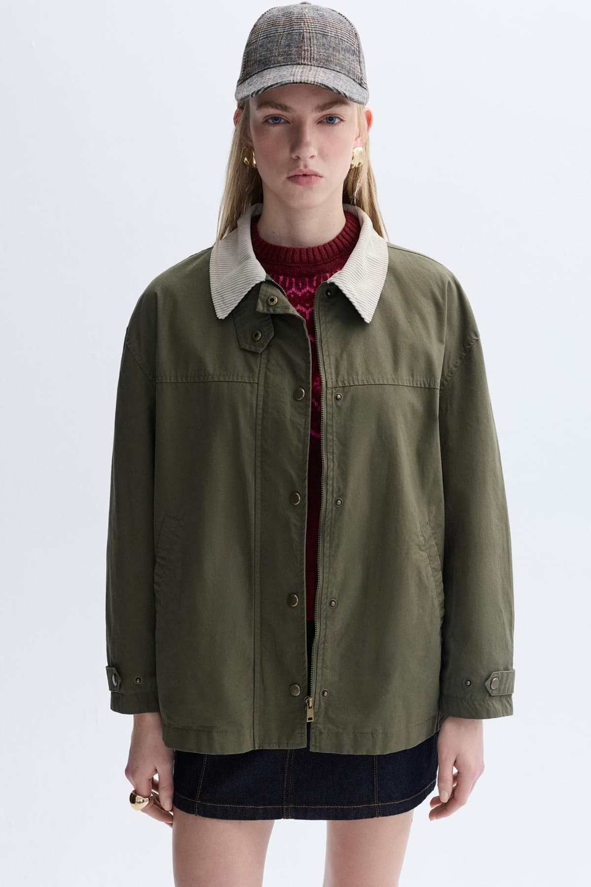 Kadın Haki Kadife Yaka Oversize Mont Ceket