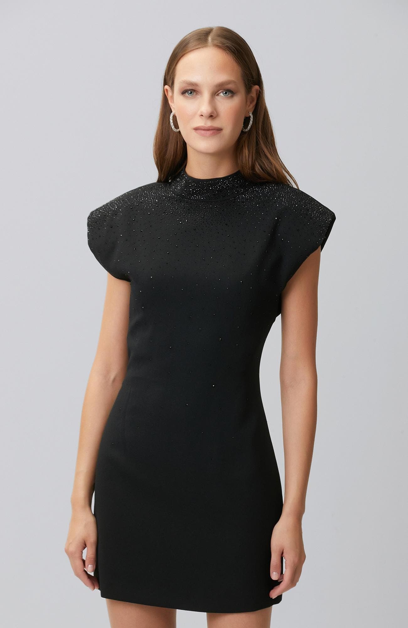 Network Kadın Slim Fit; Dik Yaka; Cepsiz; Kolsuz; Dekolteli; Taş Baskılı; Mini Elbise