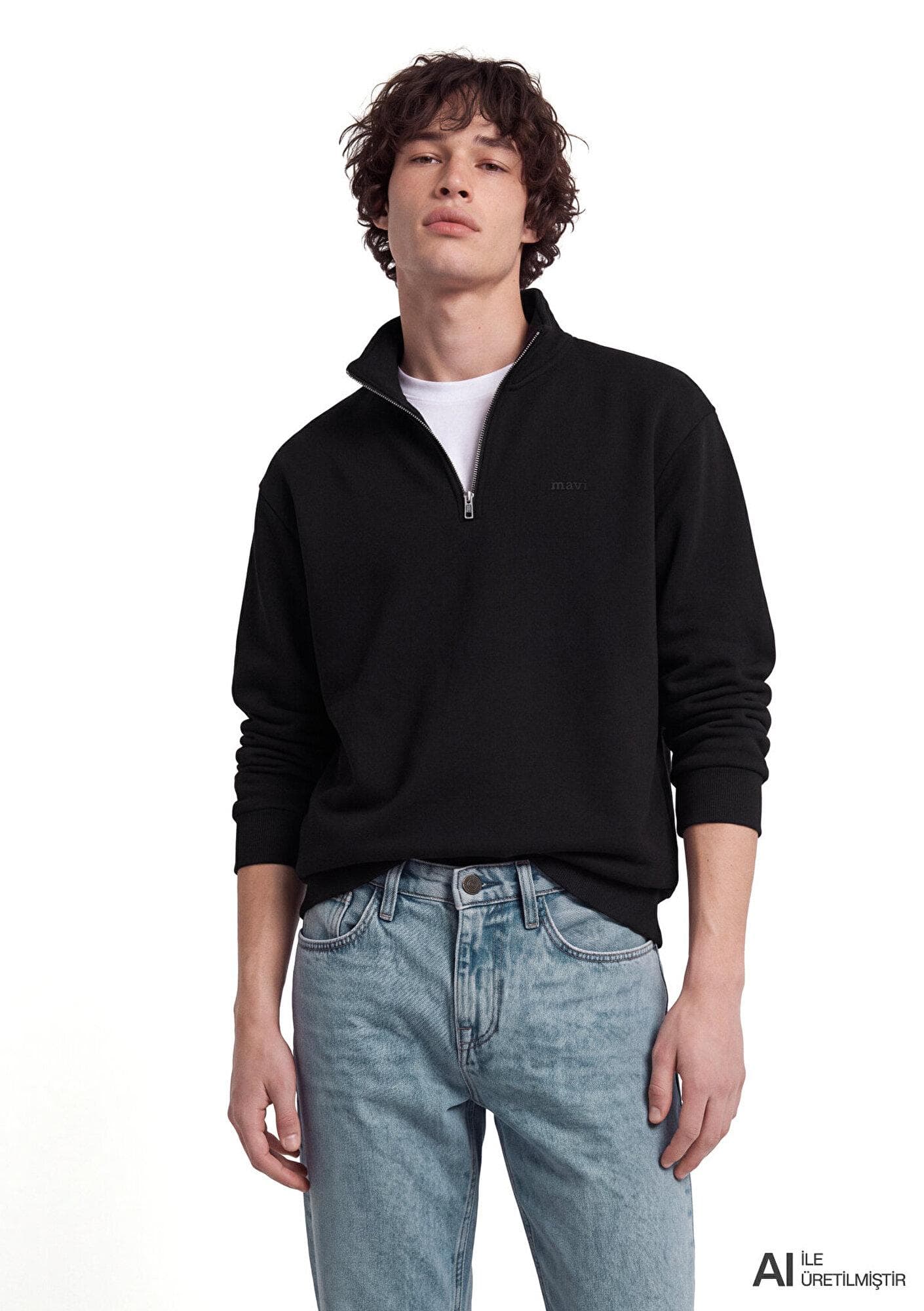 Mavi Mavi Logo Yarı Fermuarlı Siyah Sweatshirt 0S10585-900