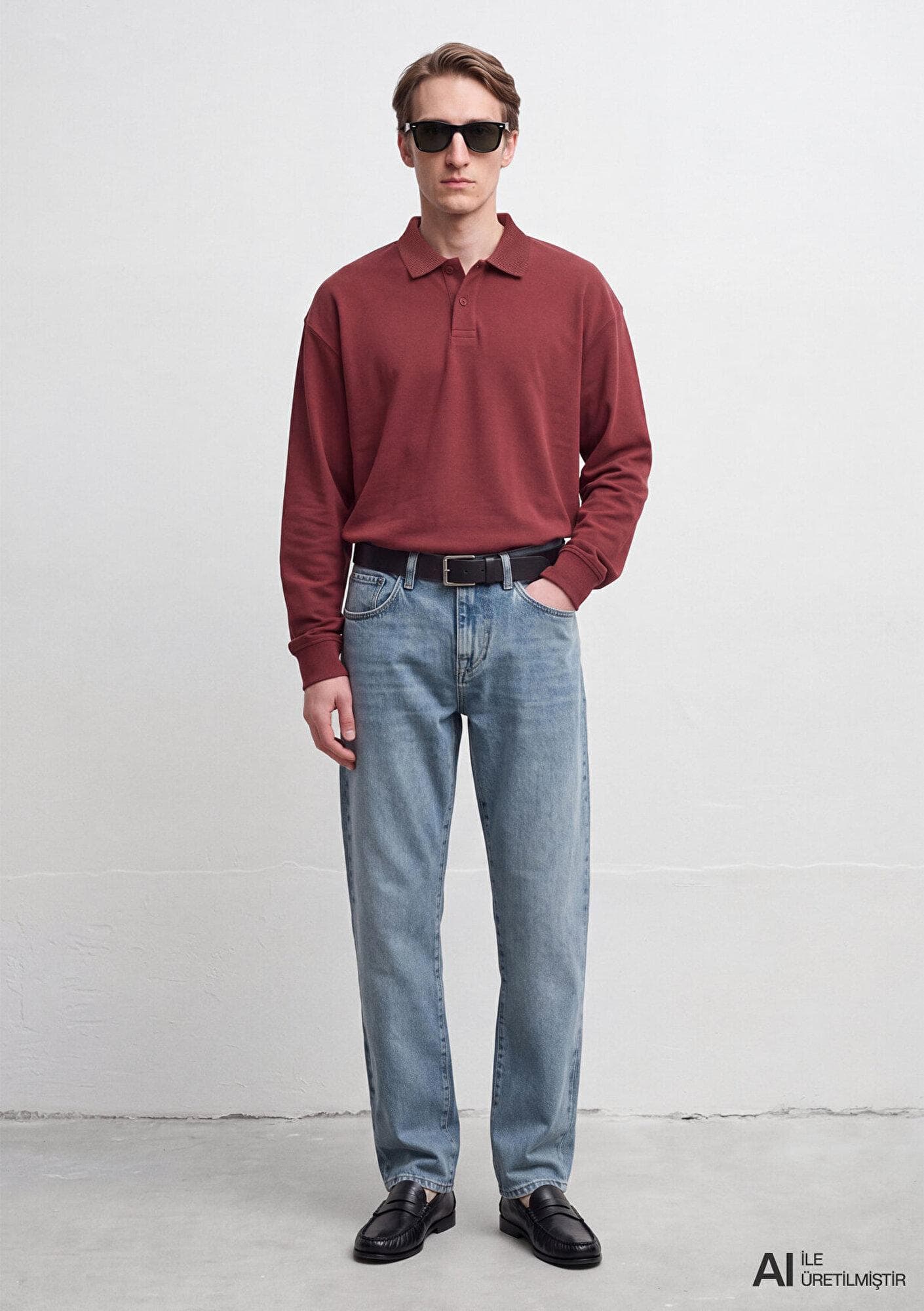 Mavi Uzun Kollu Bordo Polo Tişört Loose Fit / Bol Rahat Kesim 0620047-70409