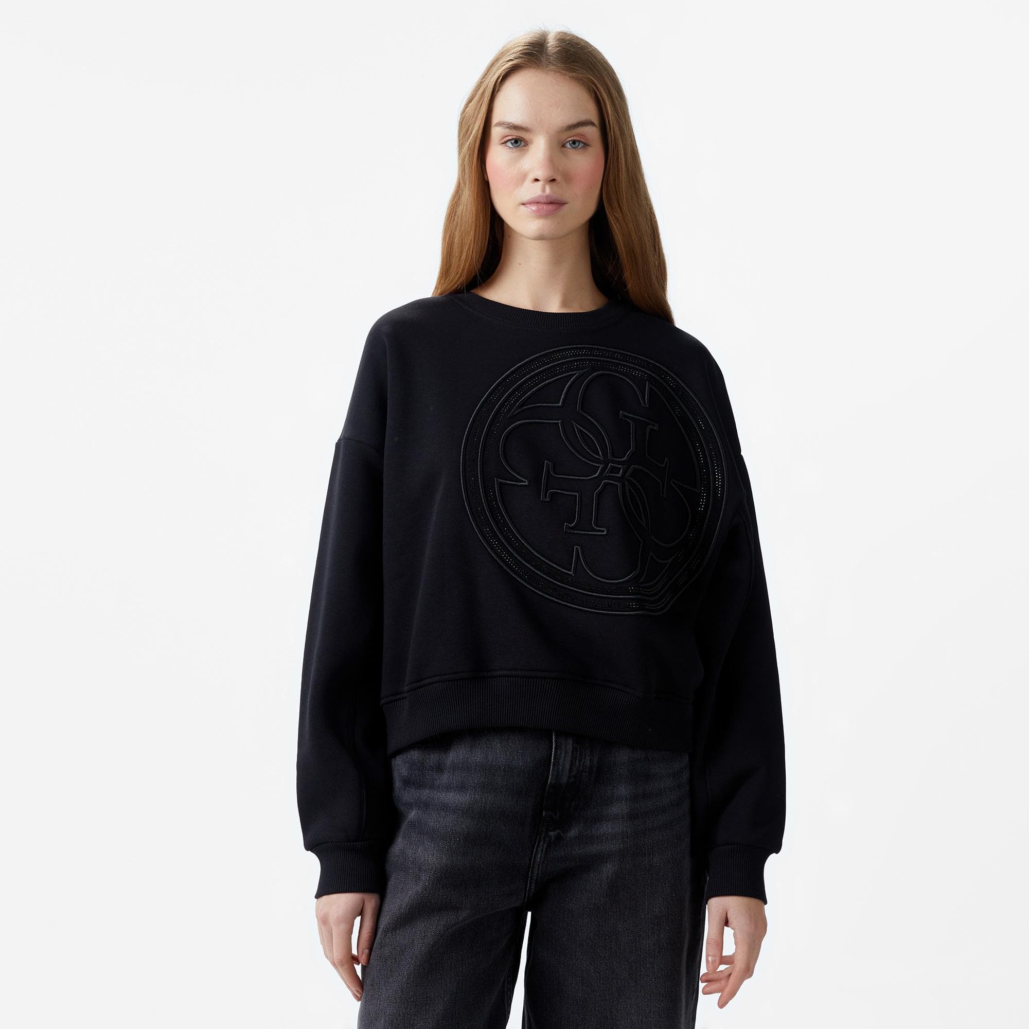Guess 4Logo Eco Sleek Poly Cotton Fleece Kadın Siyah Sweatshirt