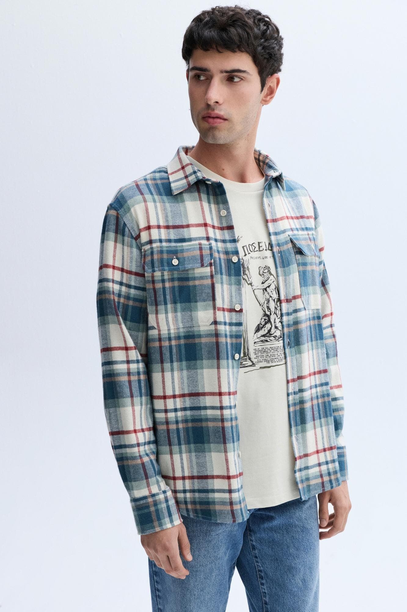 Erkek Ekru Ekoseli Regular Fit Çift Cepli Casual Gömlek