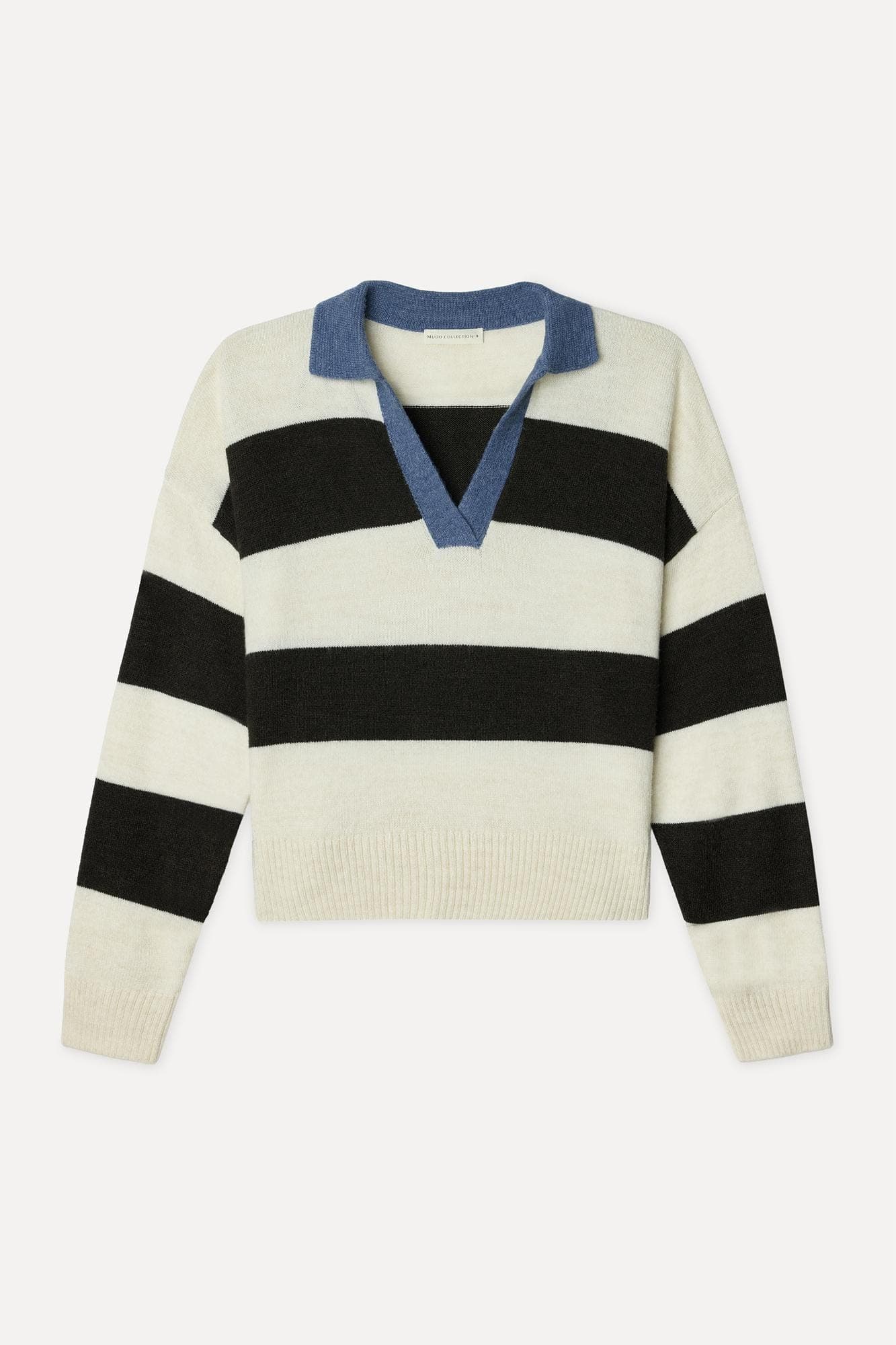 Kadın Ekru Çizgili Loose Fit Polo Yaka Kazak