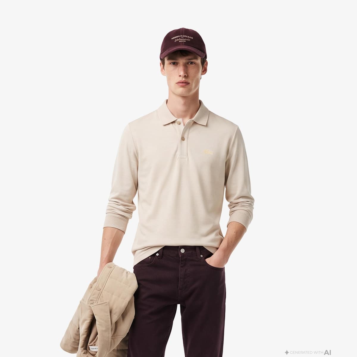 Erkek Classic Fit Uzun Kollu Krem Polo