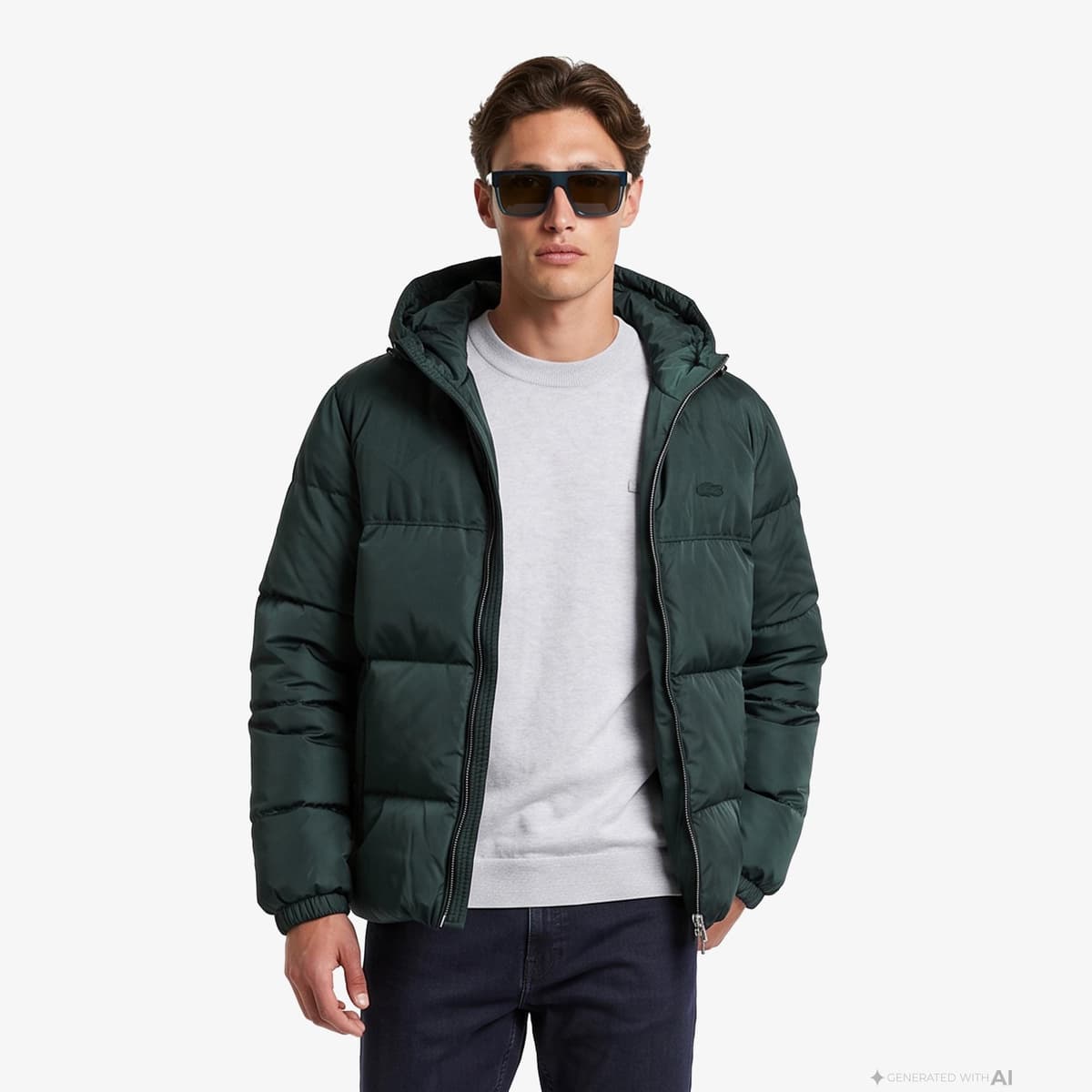 Erkek Classic Fit Kapüşonlu Monogram Koyu Yeşil Şişme Mont