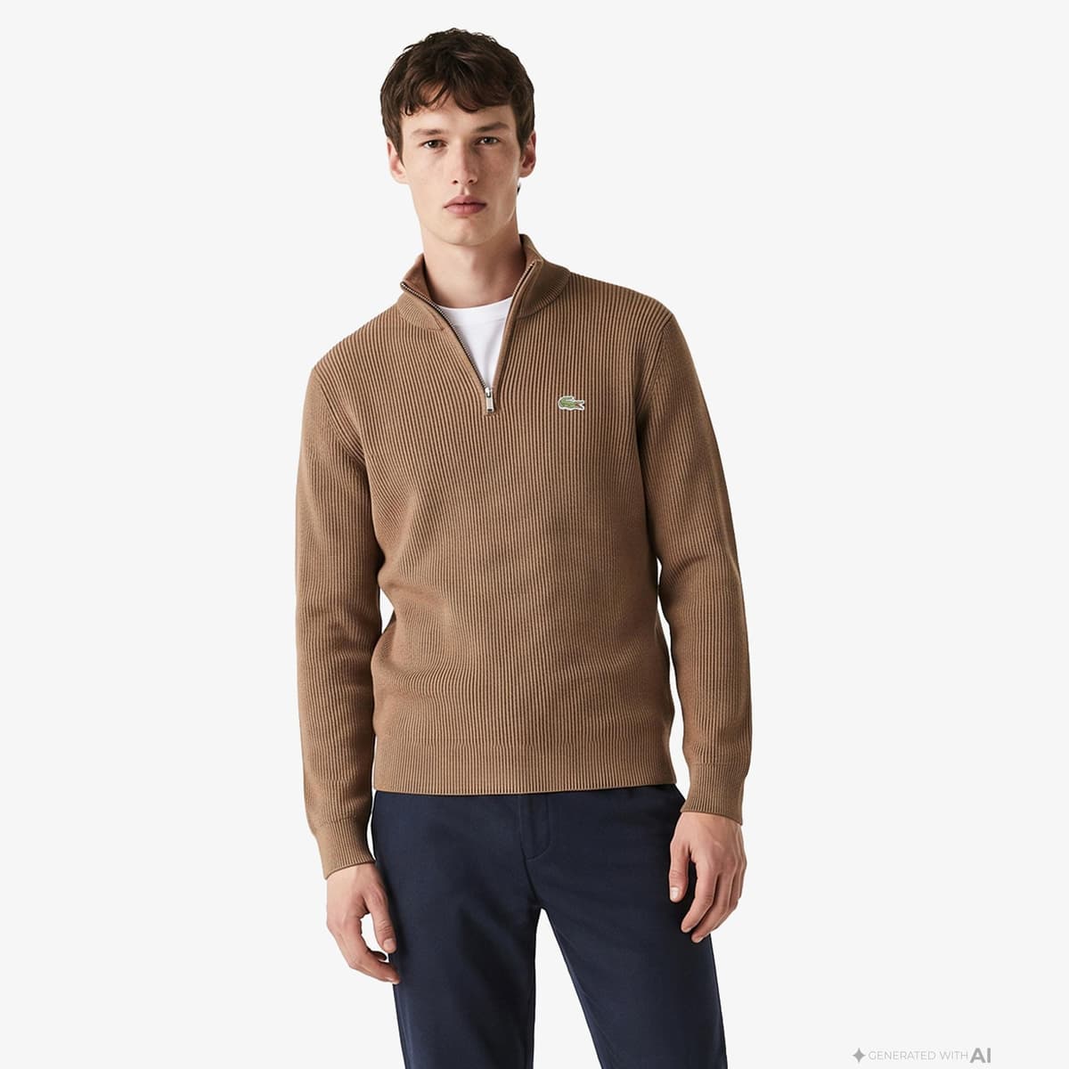 Erkek Classic Fit Yarım Fermuarlı Çizgili Kahverengi Kazak