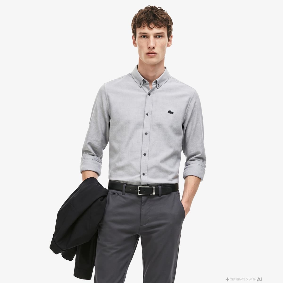 Erkek Slim Fit Düğmeli Yaka Gri Gömlek
