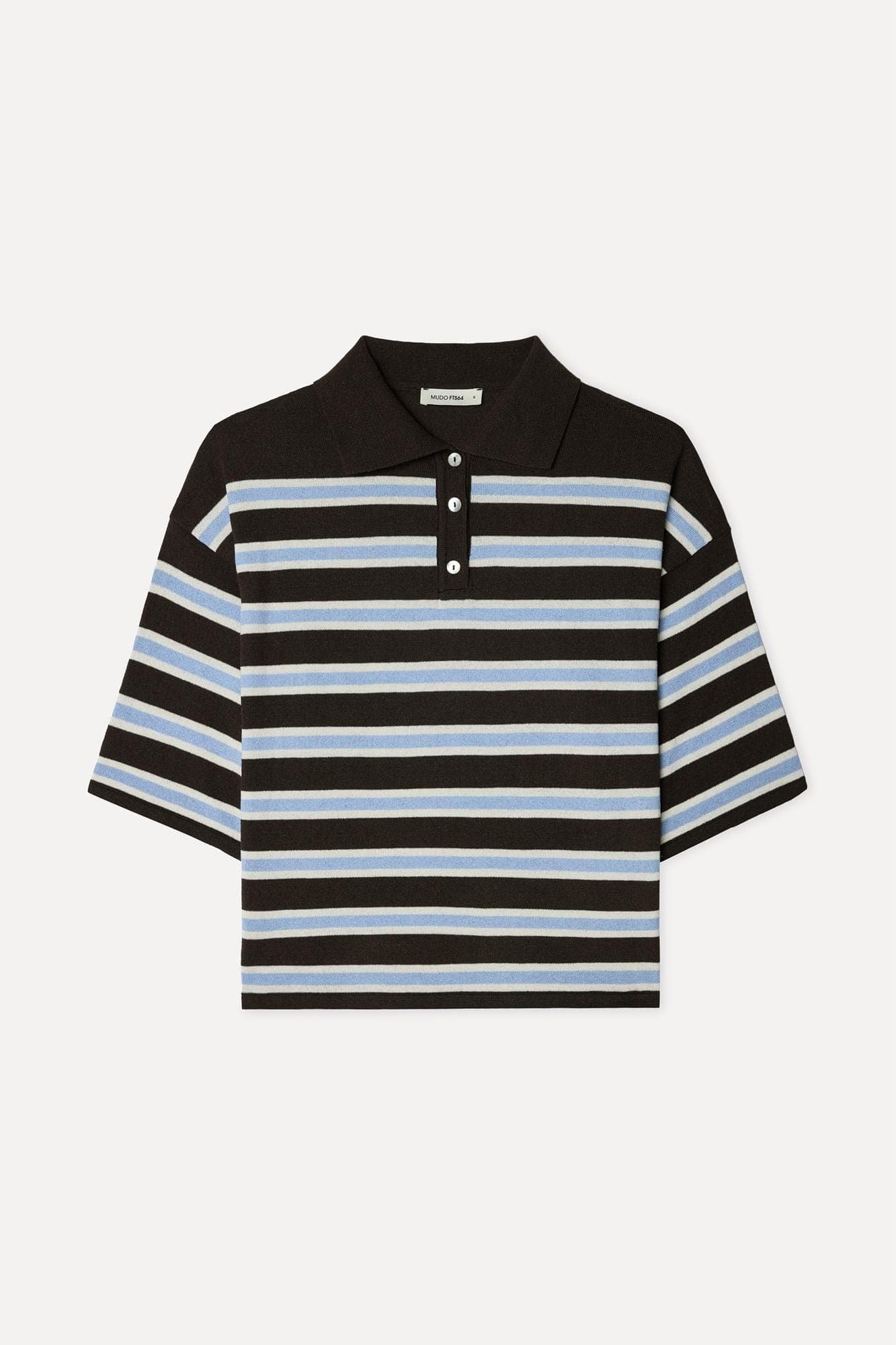 Kadın Kahverengi Çizgili Loose Fit Polo Yaka Kısa Kollu Kazak