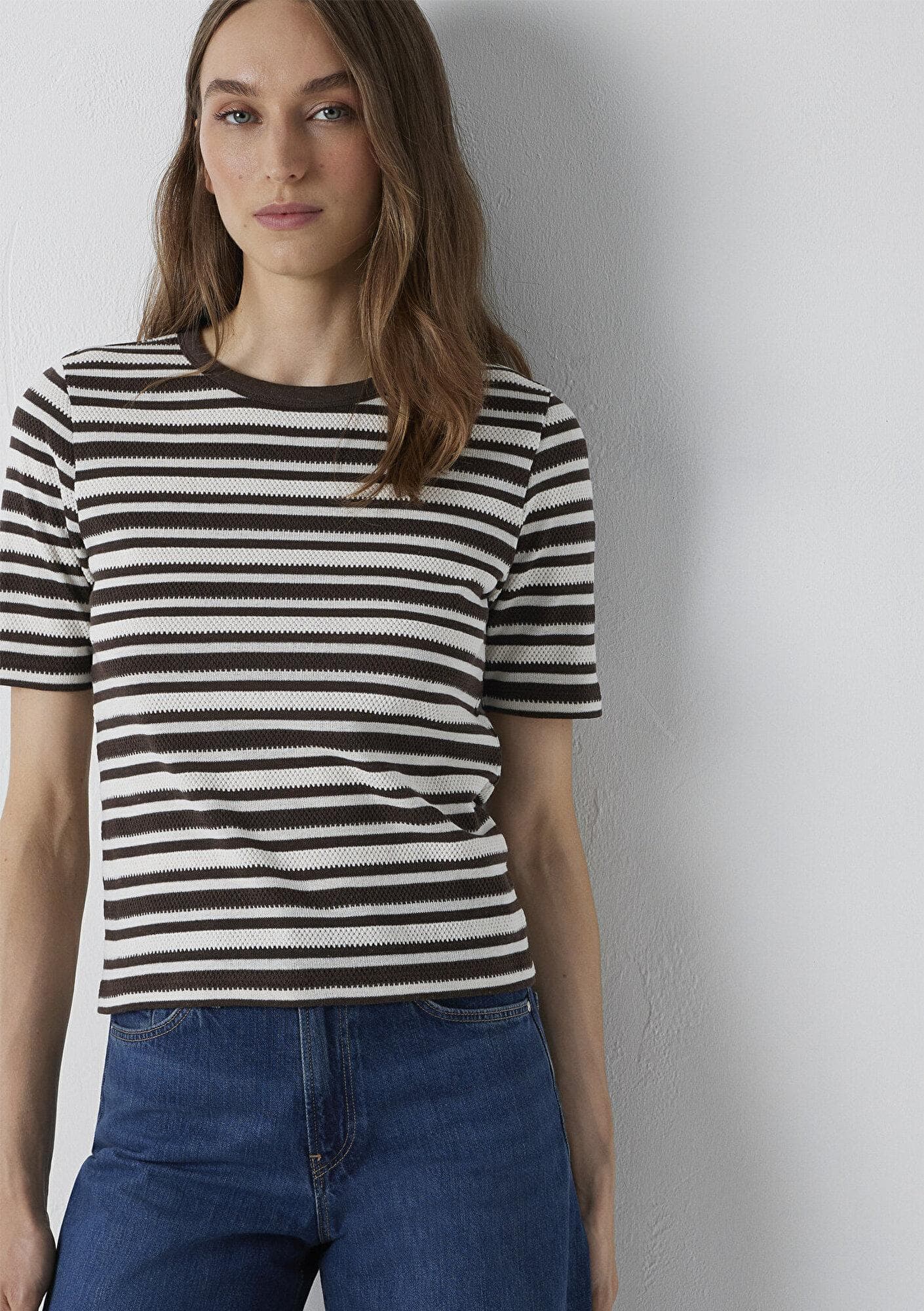 Mavi Çizgili Kahverengi Tişört Slim Fit / Dar Kesim 1614213-91585