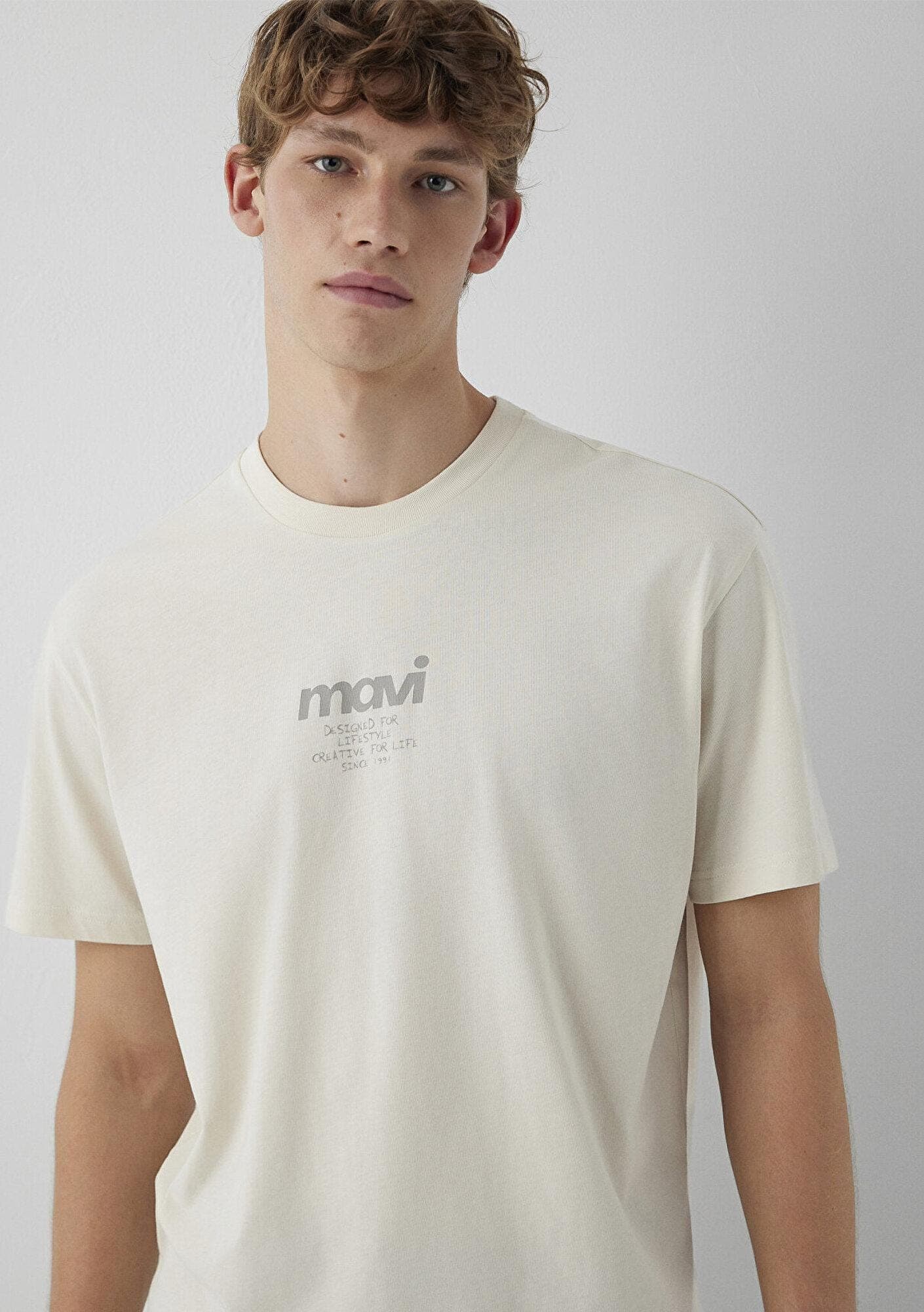 Mavi Mavi Logo Baskılı Bej Tişört Loose Fit / Bol Rahat Kesim 0613673-70134