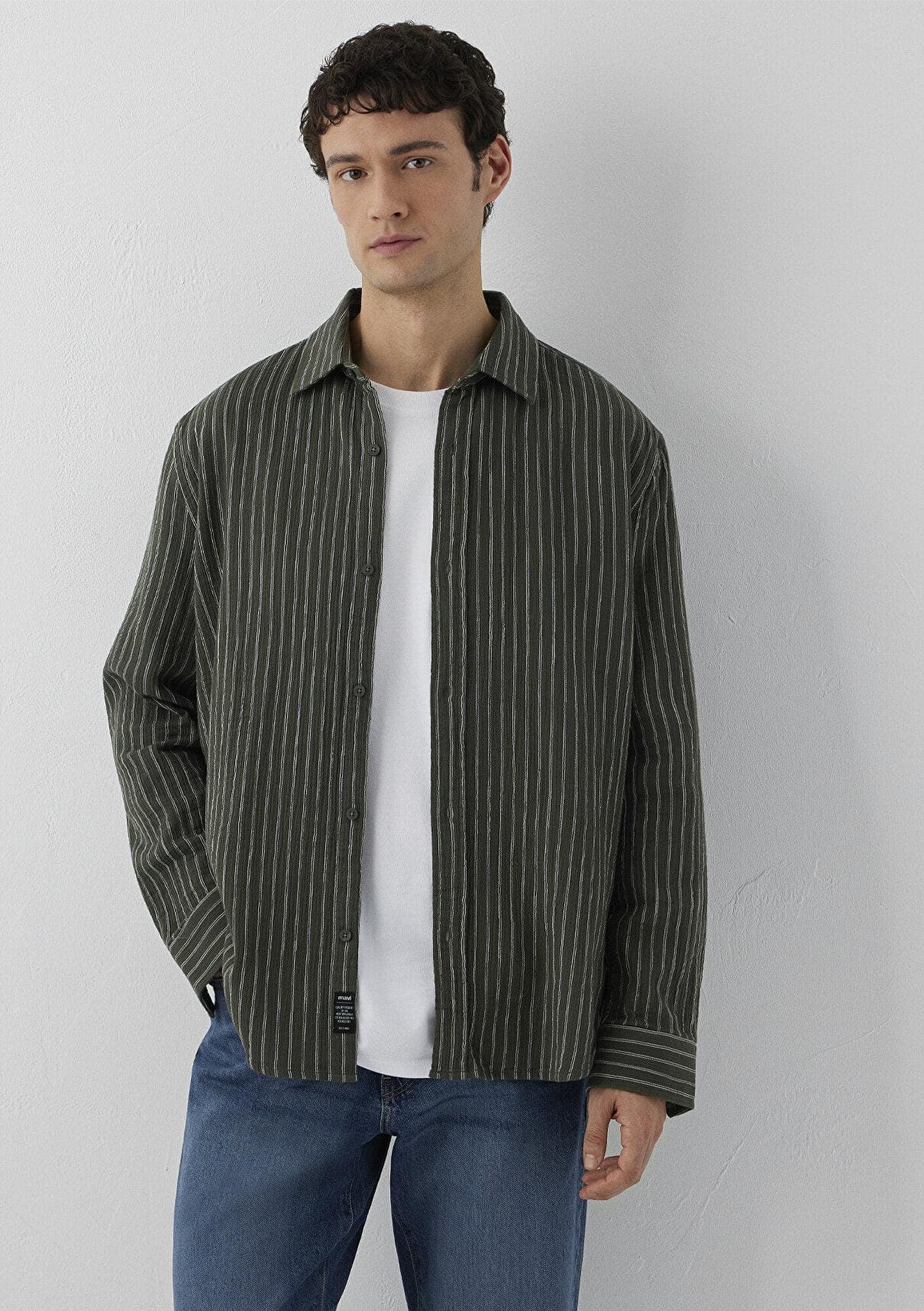 Mavi Çizgili Yeşil Gömlek Loose Fit / Bol Rahat Kesim 0211969-A7375