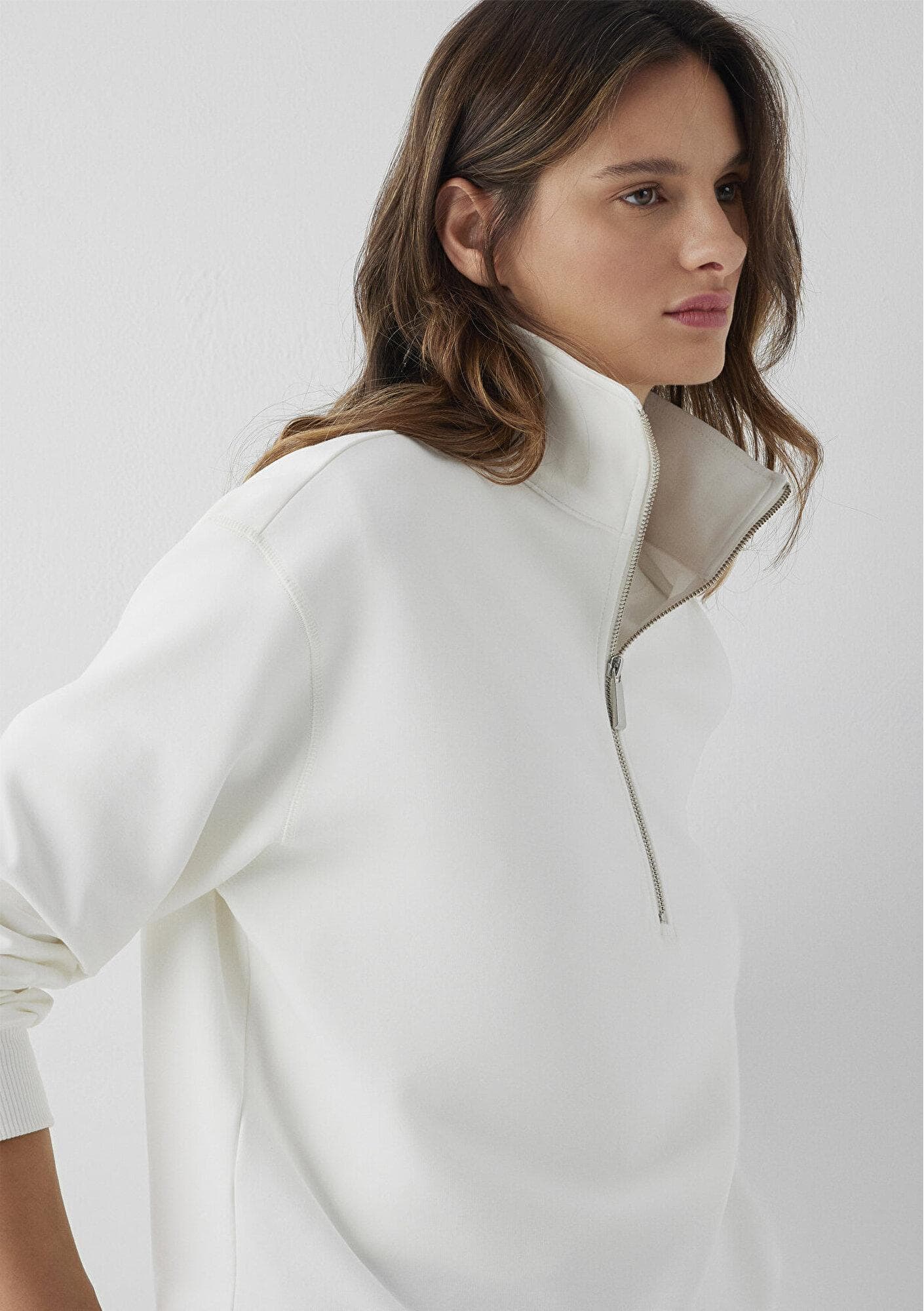 Mavi Yarı Fermuarlı Beyaz İnterlok Sweatshirt 1S10572-83043