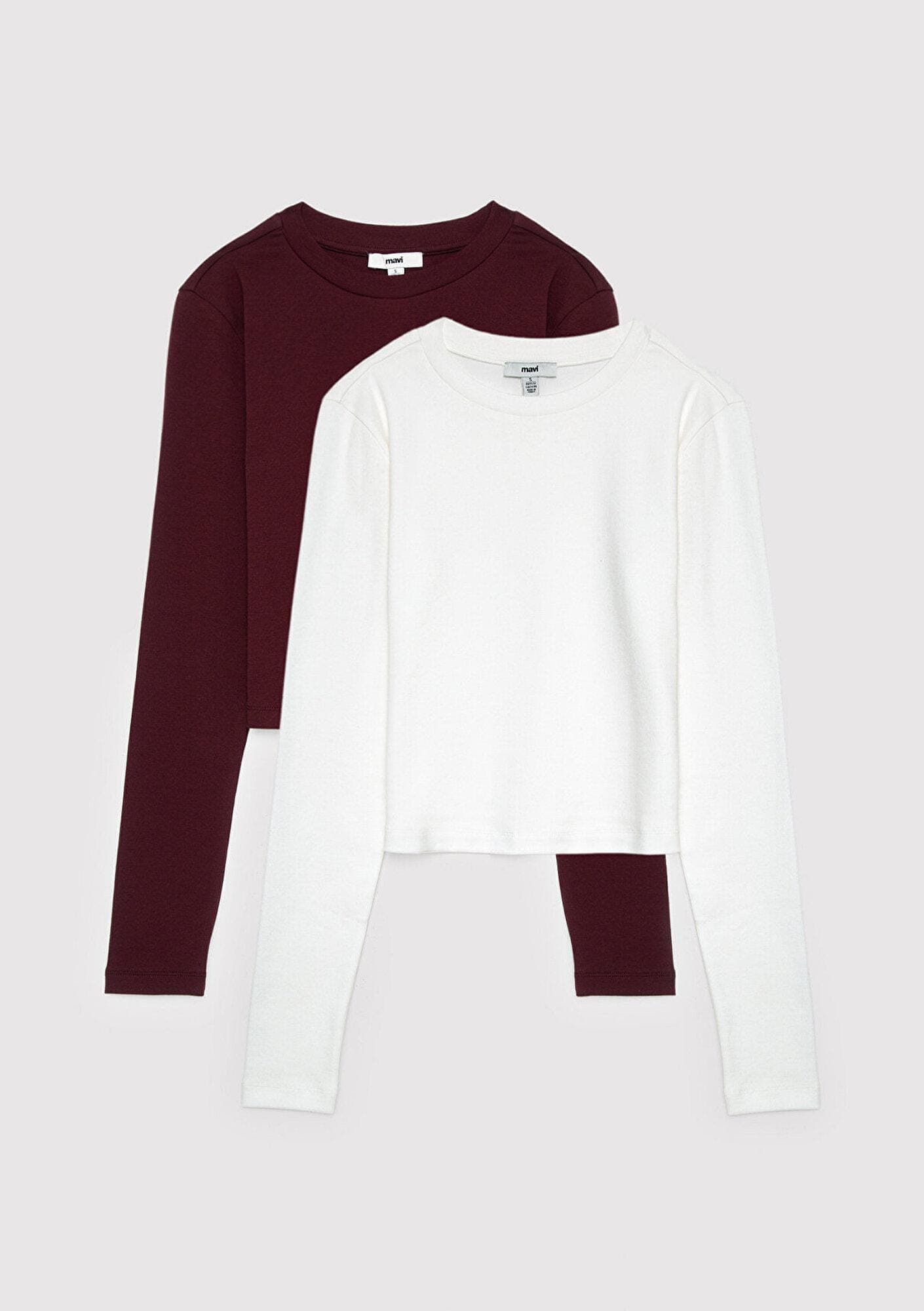 Mavi 2li Uzun Kollu Crop Basic Tişört Fitted / Vücuda Oturan Kesim 1613021-70422