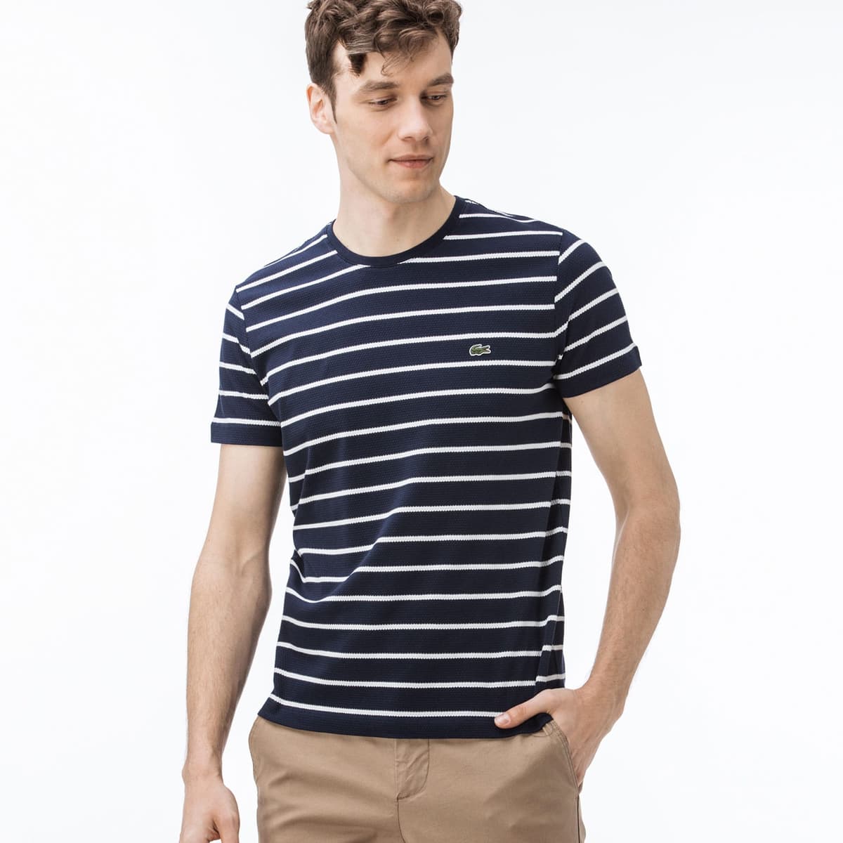 Lacoste Erkek Slim Fit Bisiklet Yaka Çizgili Lacivert T-Shirt