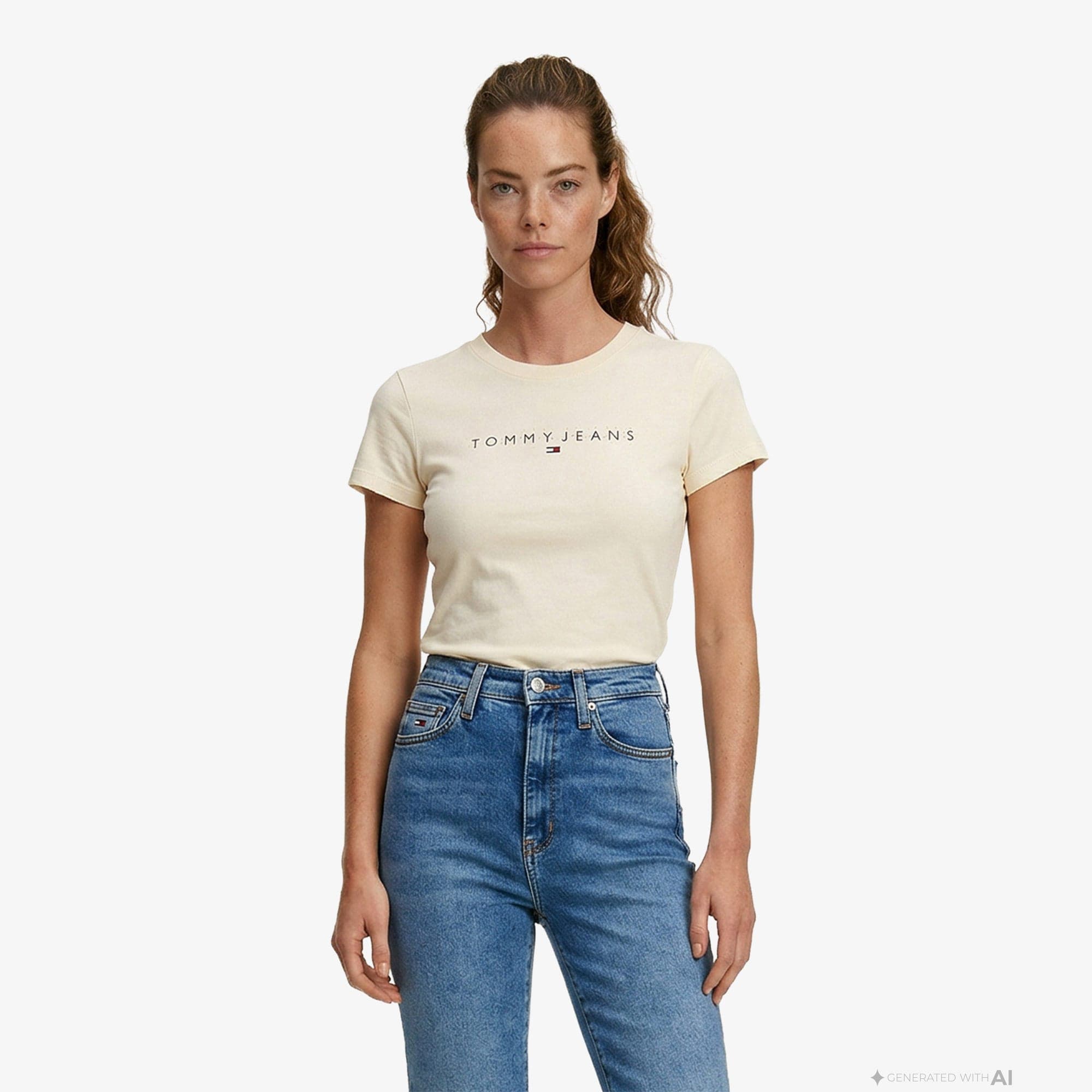 Tommy Hilfiger Linear Kadın Krem T-Shirt
