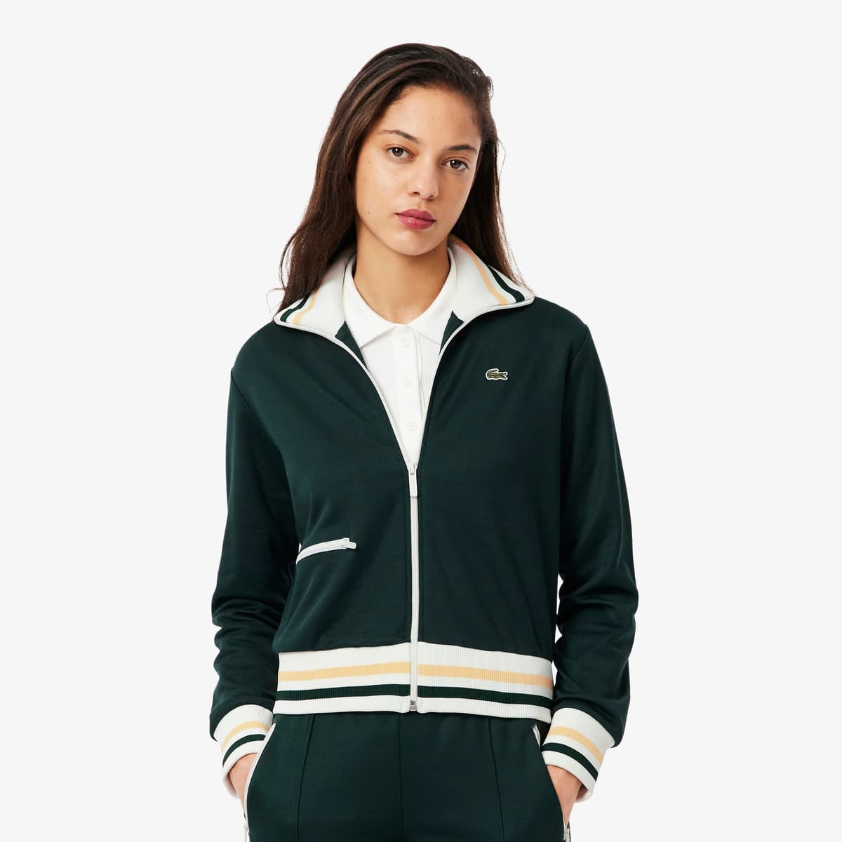 Lacoste Kadın Regular Fit Fermuarlı Renk Bloklu Koyu Yeşil Sweatshirt
